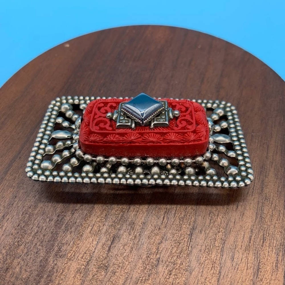 Vintage Jan Michaels San Francisco Red Cinnabar Brass Artisan Pin Brooch‎
